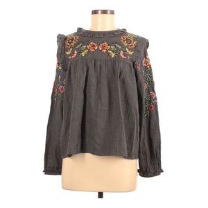 Gray peasant shirt with multi colored floral embroidery